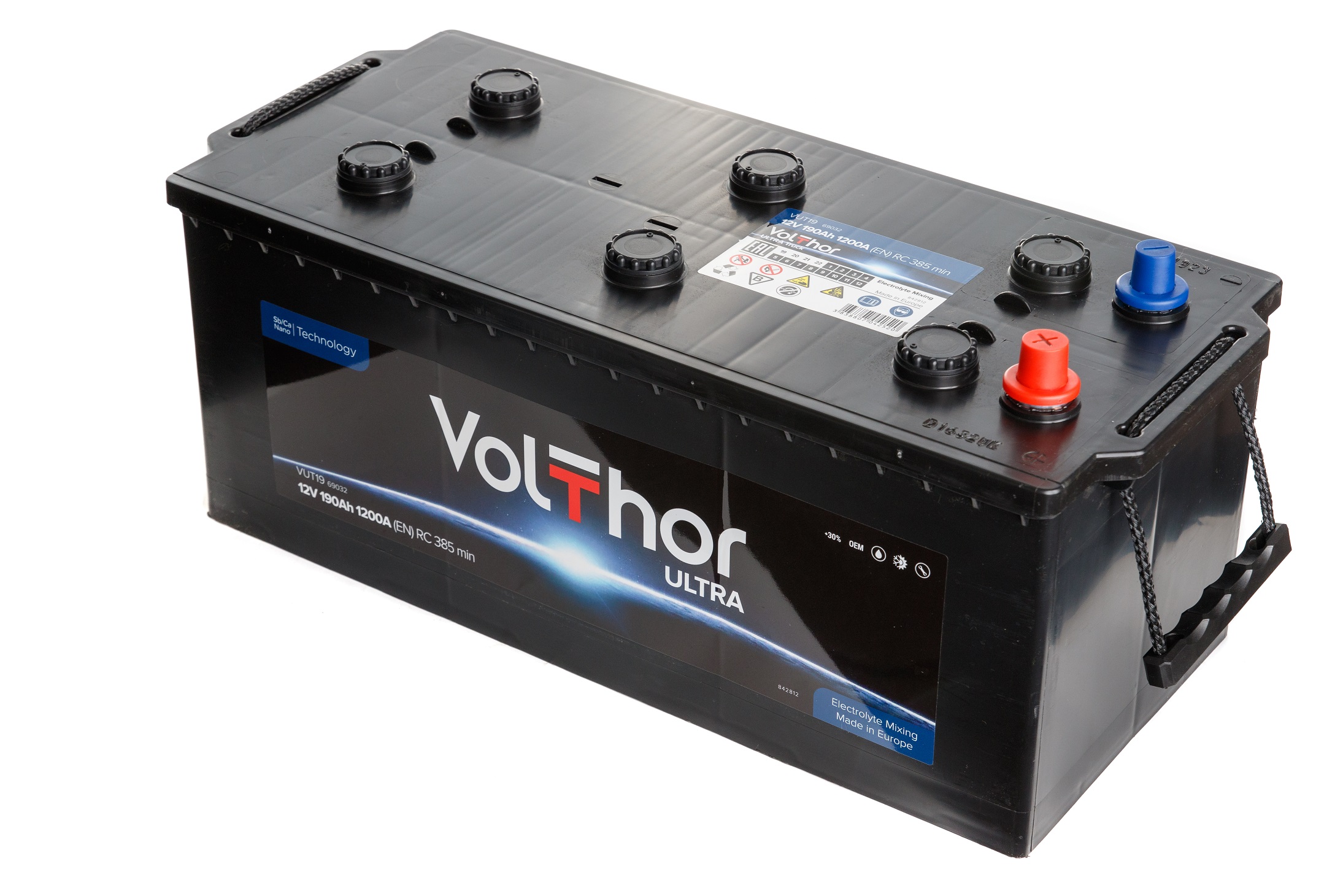 Акумулятор вантажний VOLTHOR 6СТ-190(3) (1200А) ULTRA TRUCK 12B, 190Ah, 1200A, плюс ліворуч (L+) кальцієвий (Ca/Ca) 513X222X194(220) мм